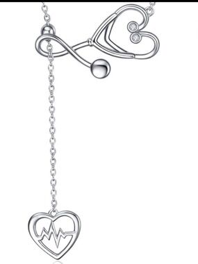 Silver Lariat Necklace with Heart and Heartbeat Charm